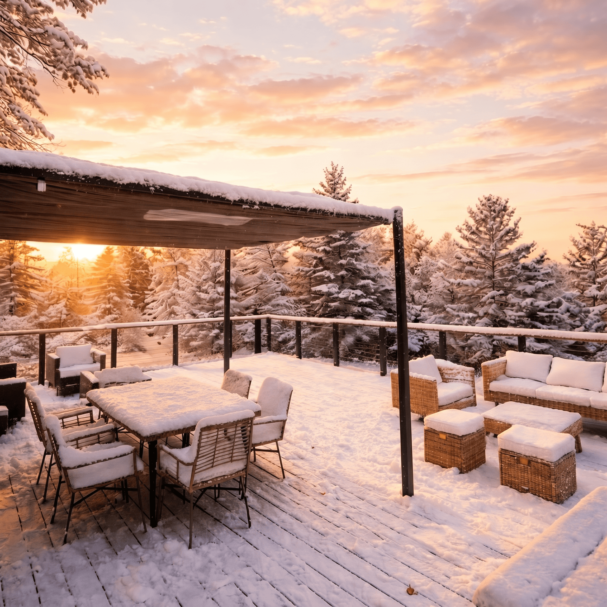 Snow-covered rooftop deck with a dining set and wicker sofas at sunset among snowy pines