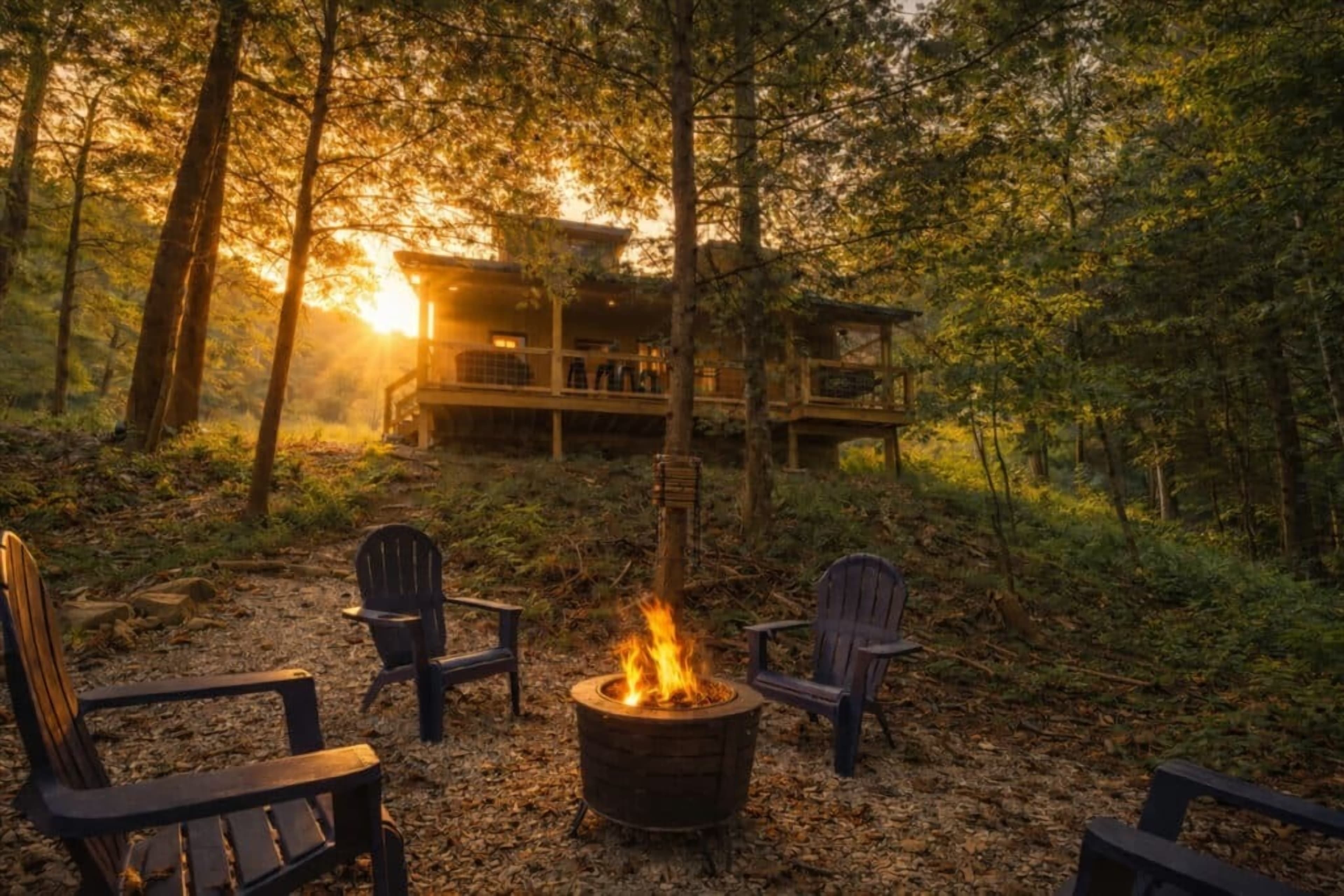 Cabin with a wraparound deck at sunset, seen past Adirondack chairs around a burning fire pit