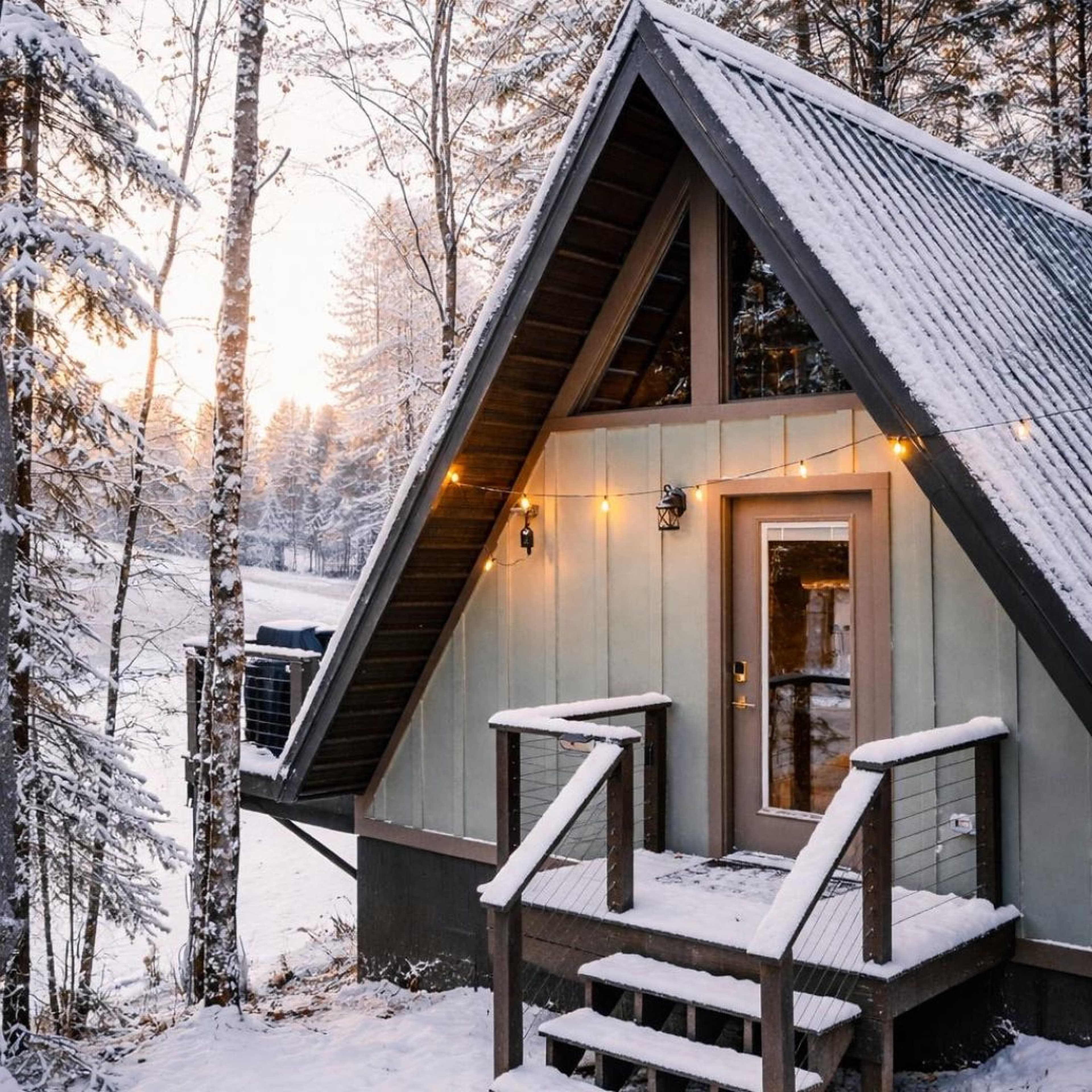 Snow-covered A-frame cabin with string lights over the front steps at dusk